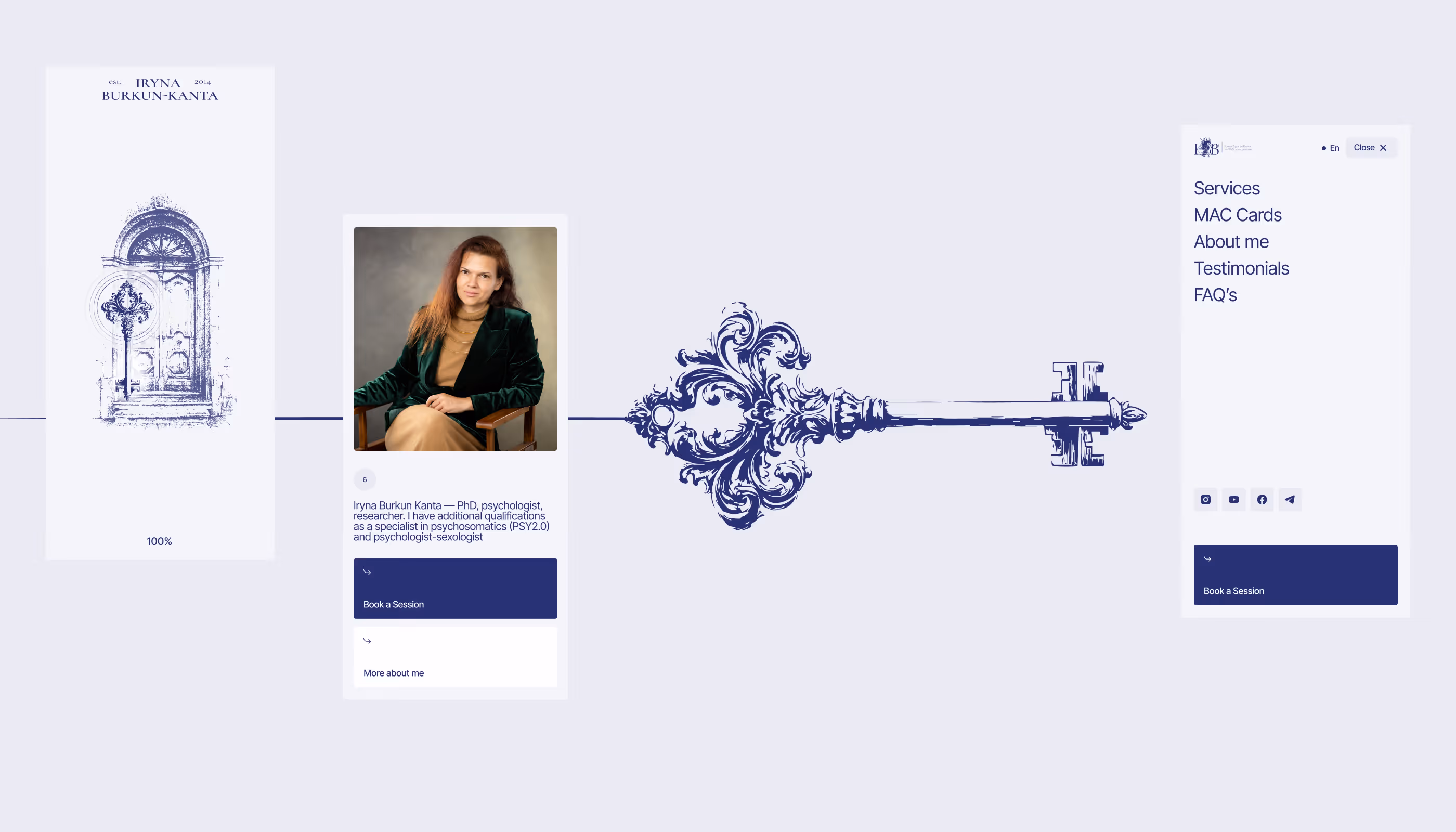 Iryna Burkun Kanta mobile responsive design with logo, therapist portrait, and decorative key illustration