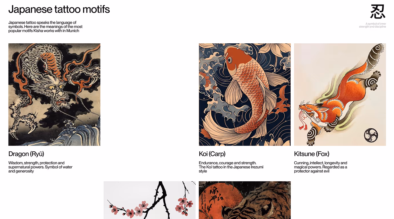 Kisha Tattoo Japanese motifs page showcasing dragon, koi carp, kitsune fox, and sakura traditional symbols