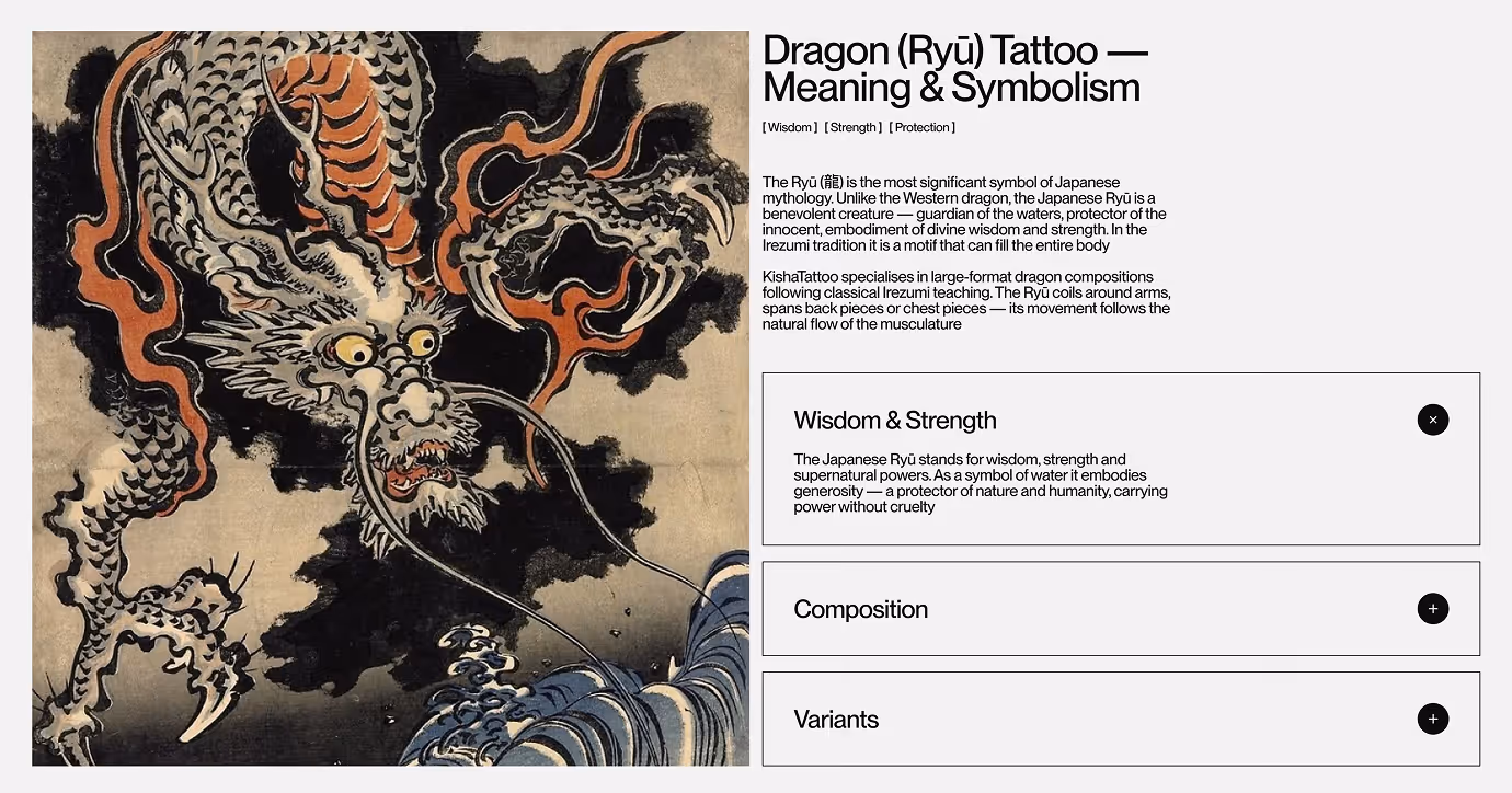 Kisha Tattoo dragon Ryu meaning page explaining symbolism of wisdom, strength, composition, and variants