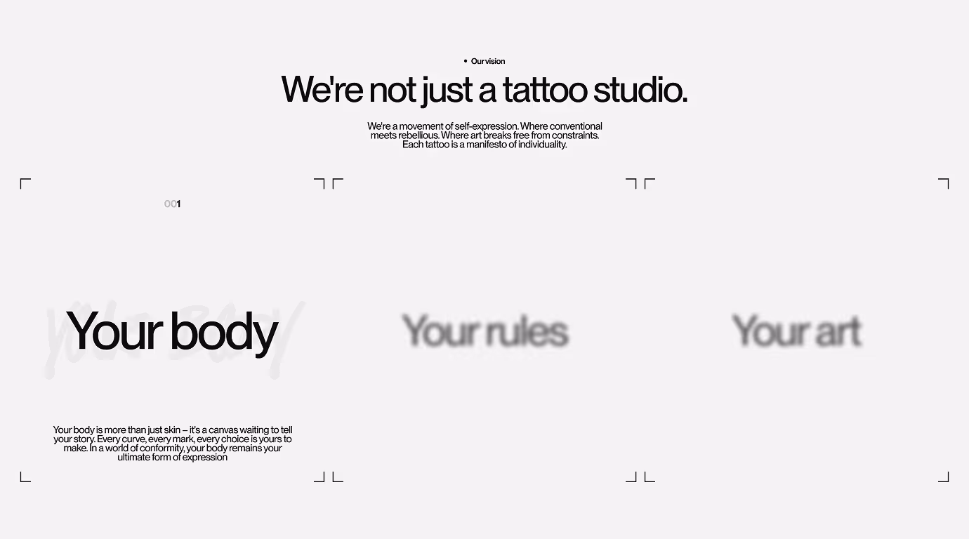 VRTX vision section with manifesto — your body, your rules, your art — about ultimate self-expression