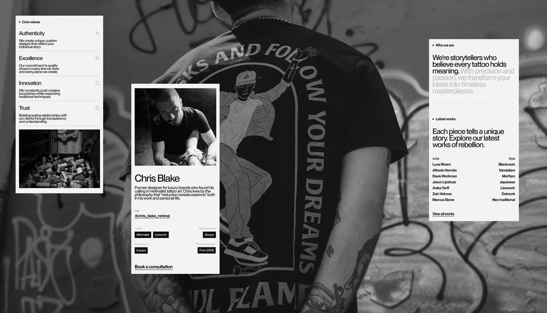 VRTX mobile responsive design showing core values cards, artist Chris Blake profile, and latest works list