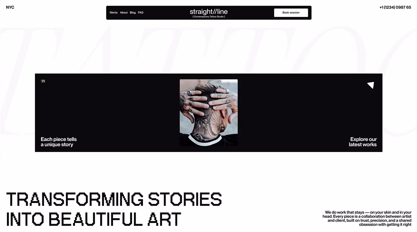 straight line tattoo studio website hero with transforming stories into beautiful art motto