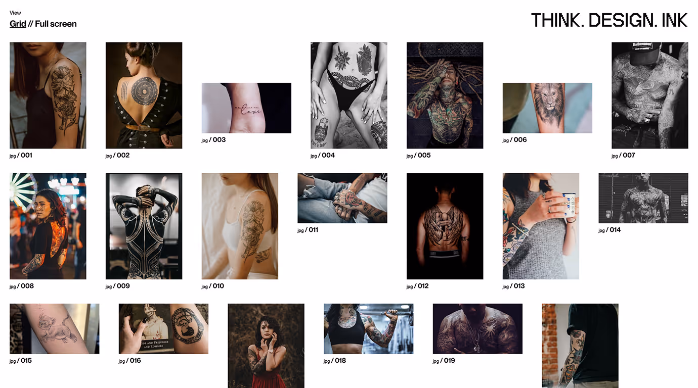 straight line portfolio gallery showing 17 tattoo works in grid view with think design ink theme