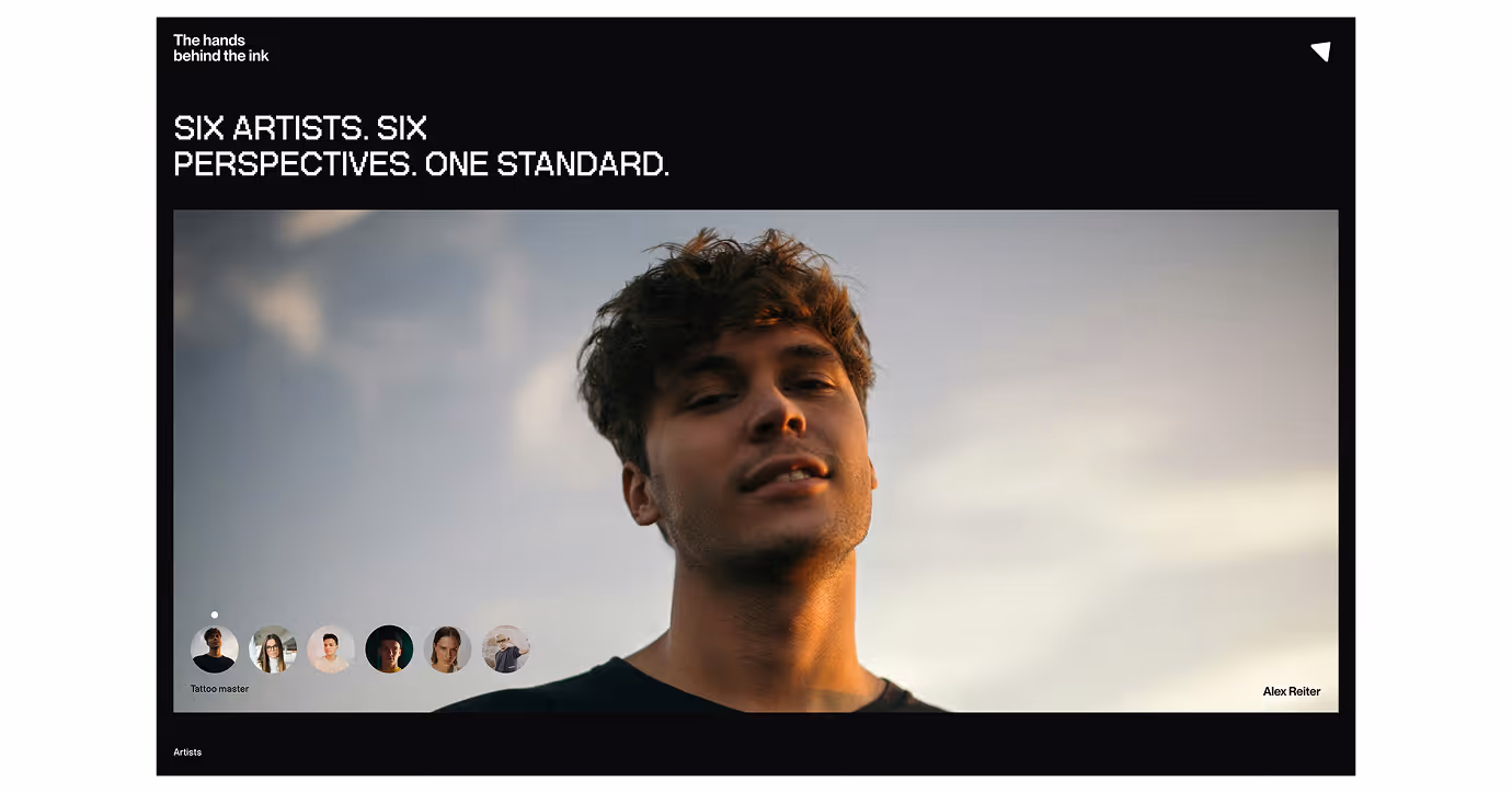 straight line team page introducing six artists with the headline six artists, six perspectives, one standard