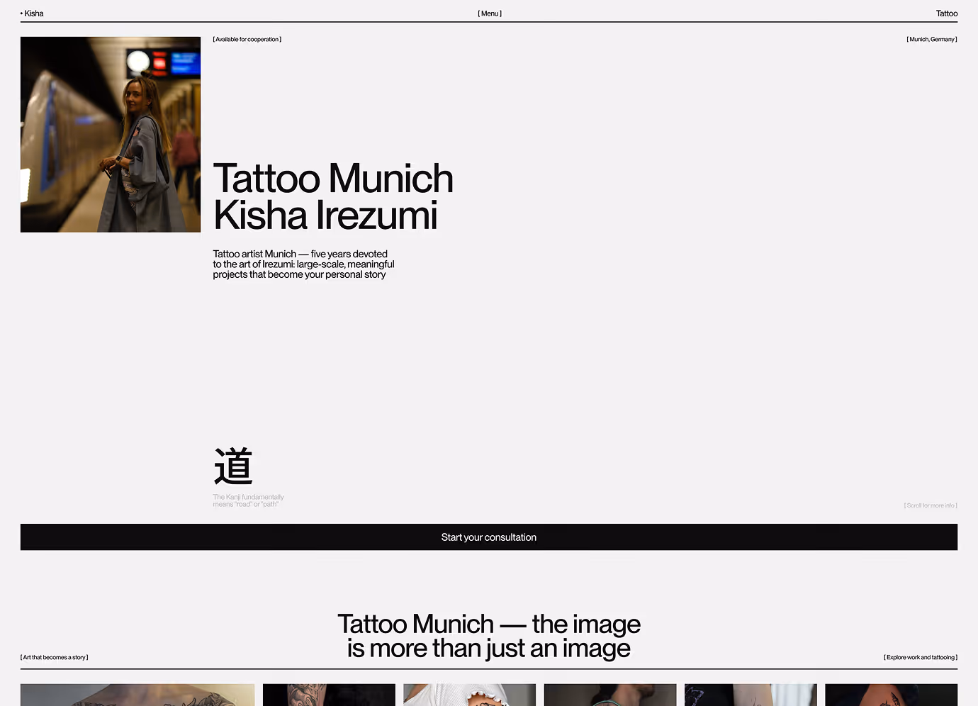 Kisha Tattoo Munich website hero — Japanese Irezumi tattoo session in progress