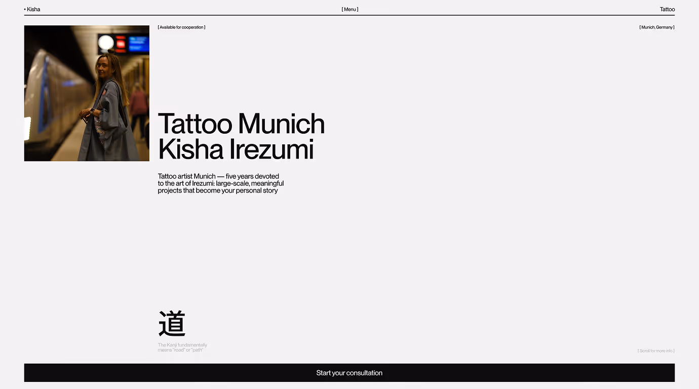 Kisha Tattoo Munich website hero introducing tattoo artist specializing in Japanese Irezumi style