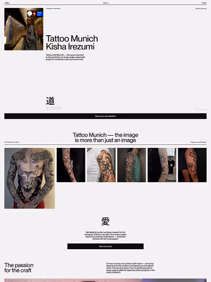 Kisha Tattoo Munich website hero — Japanese Irezumi tattoo session in progress
