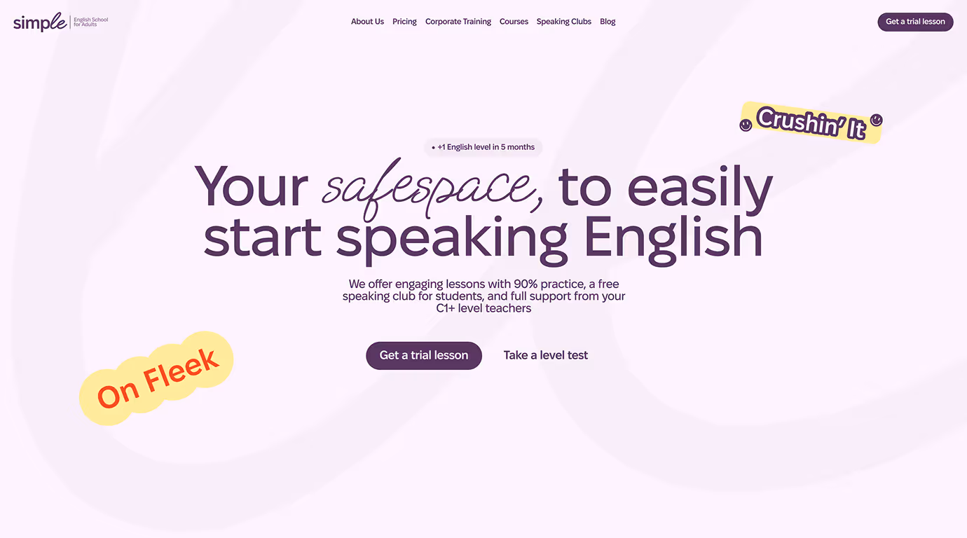 Simple English language school homepage hero with your safespace to easily start speaking English headline
