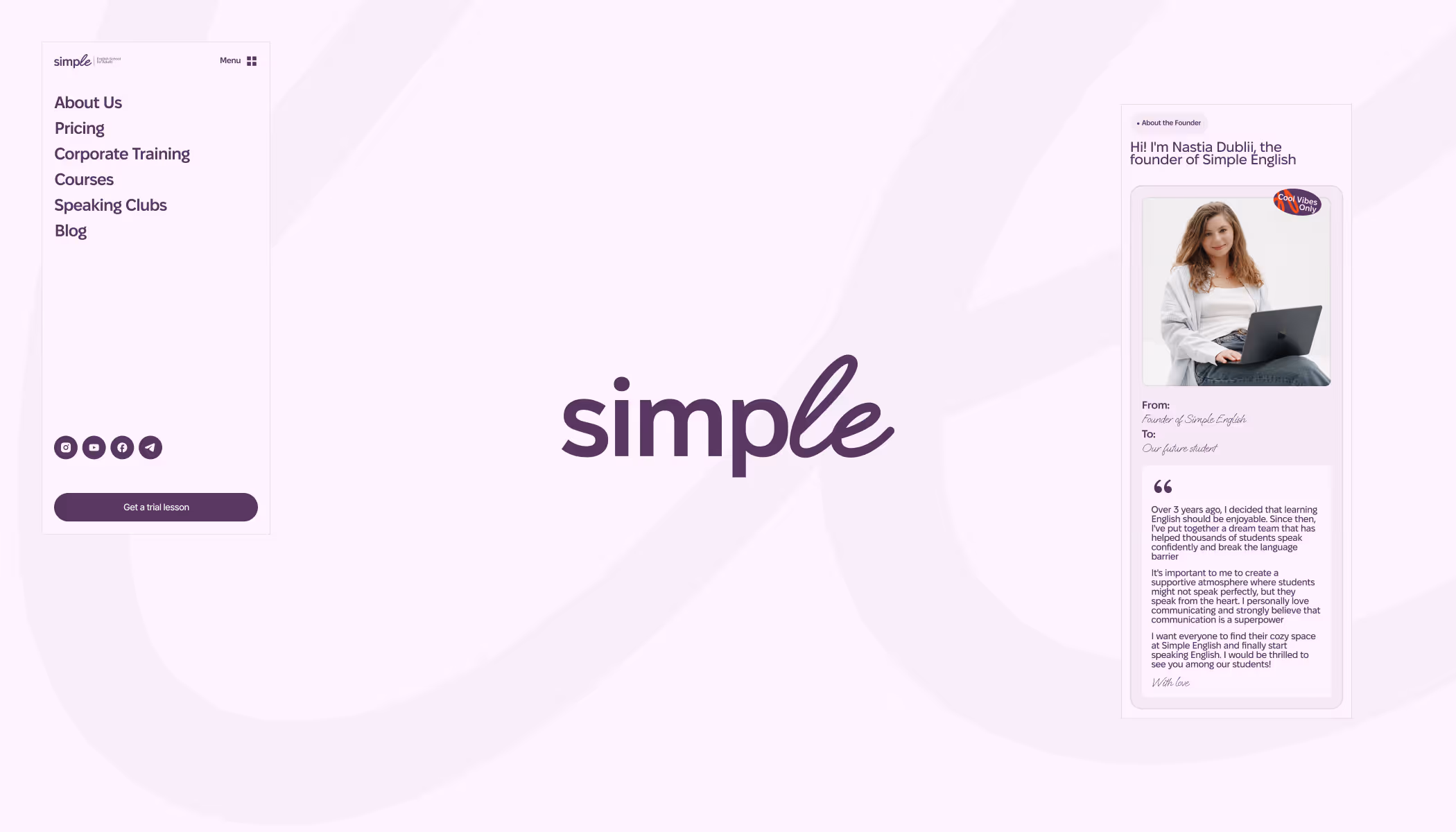 Simple English mobile responsive design with menu and founder Nastia Dublii personal letter to students