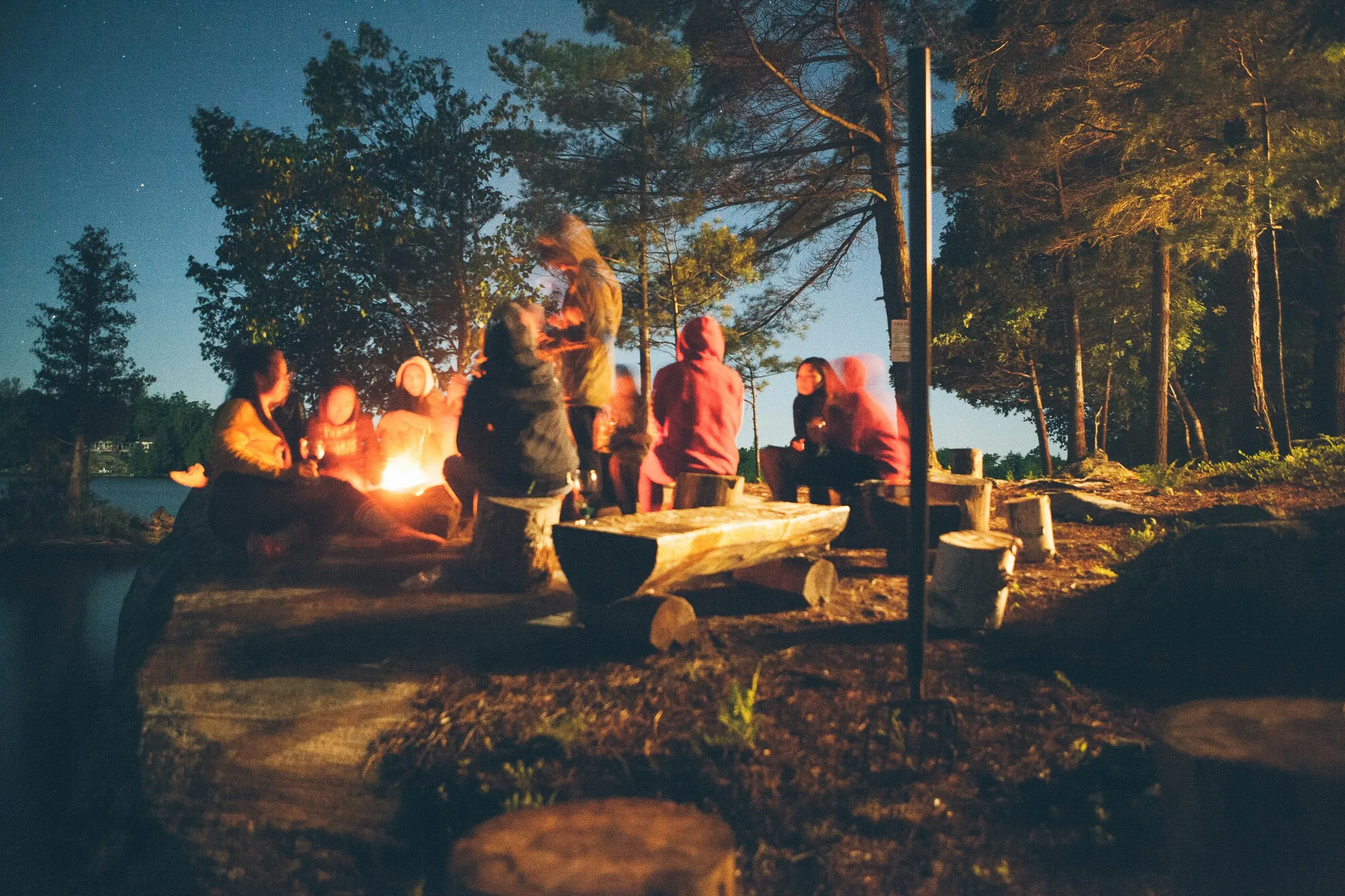Group of people sitting on logs around a campfire at night in a forest near a lake.