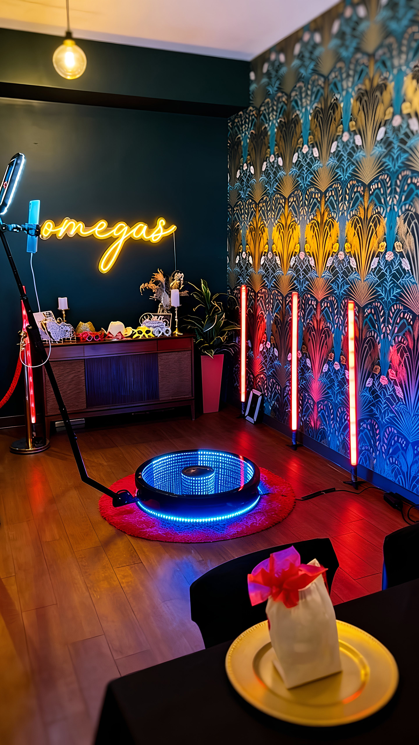 Cozy room with floral patterned wallpaper, colorful LED lights, a round illuminated infinity mirror on a red rug, and a table with a gift bag on a gold plate.