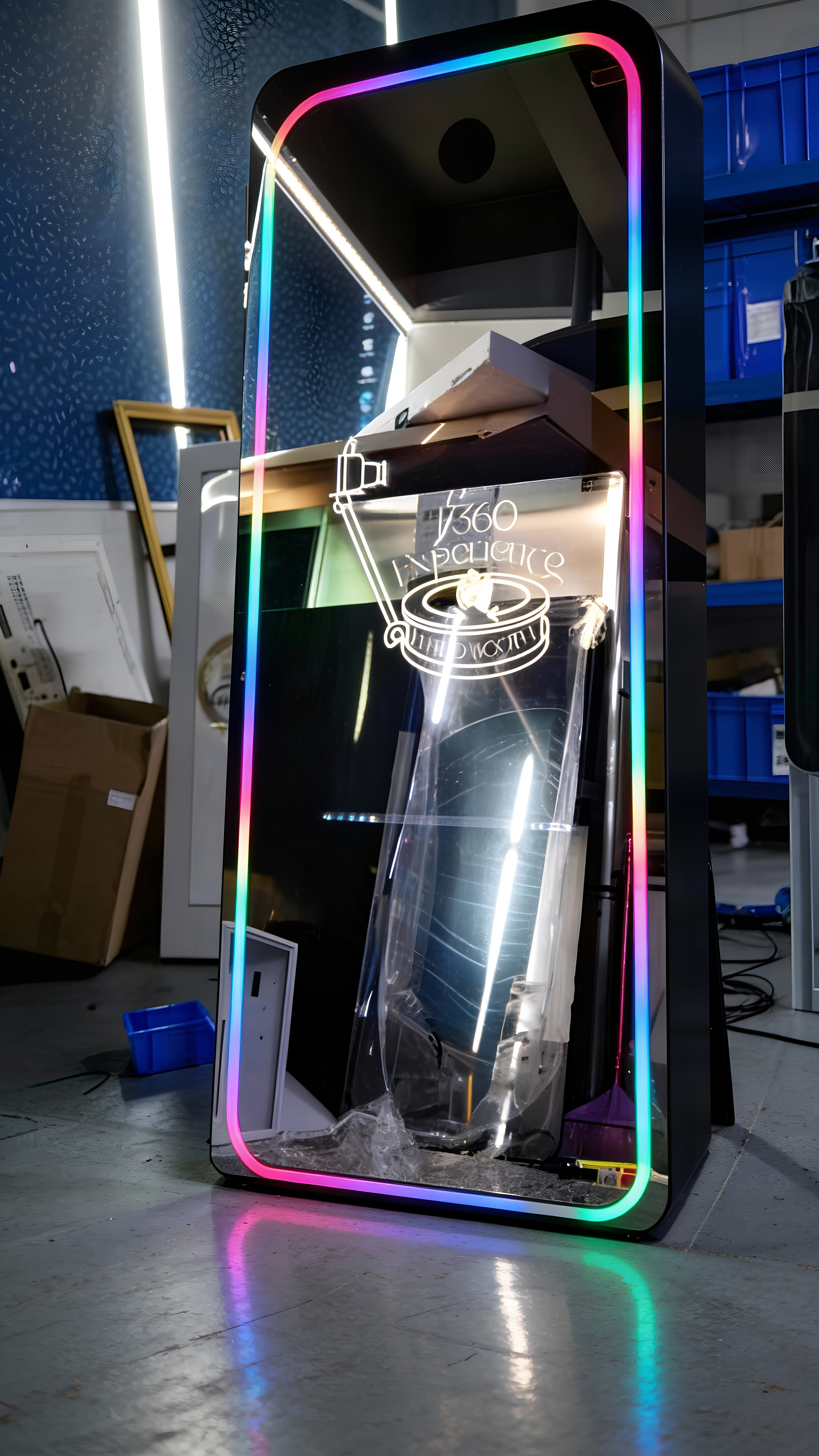 Tall mirror with a glowing multicolor LED frame standing in a workshop with various tools and boxes reflected.