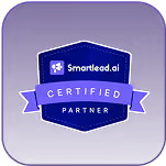 Smartslead.ai Certified Partner badge with a blue and purple shield design on a dark purple background.