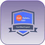 Badge with 'Get Sales Certified Expert' text on a blue shield and ribbon background.
