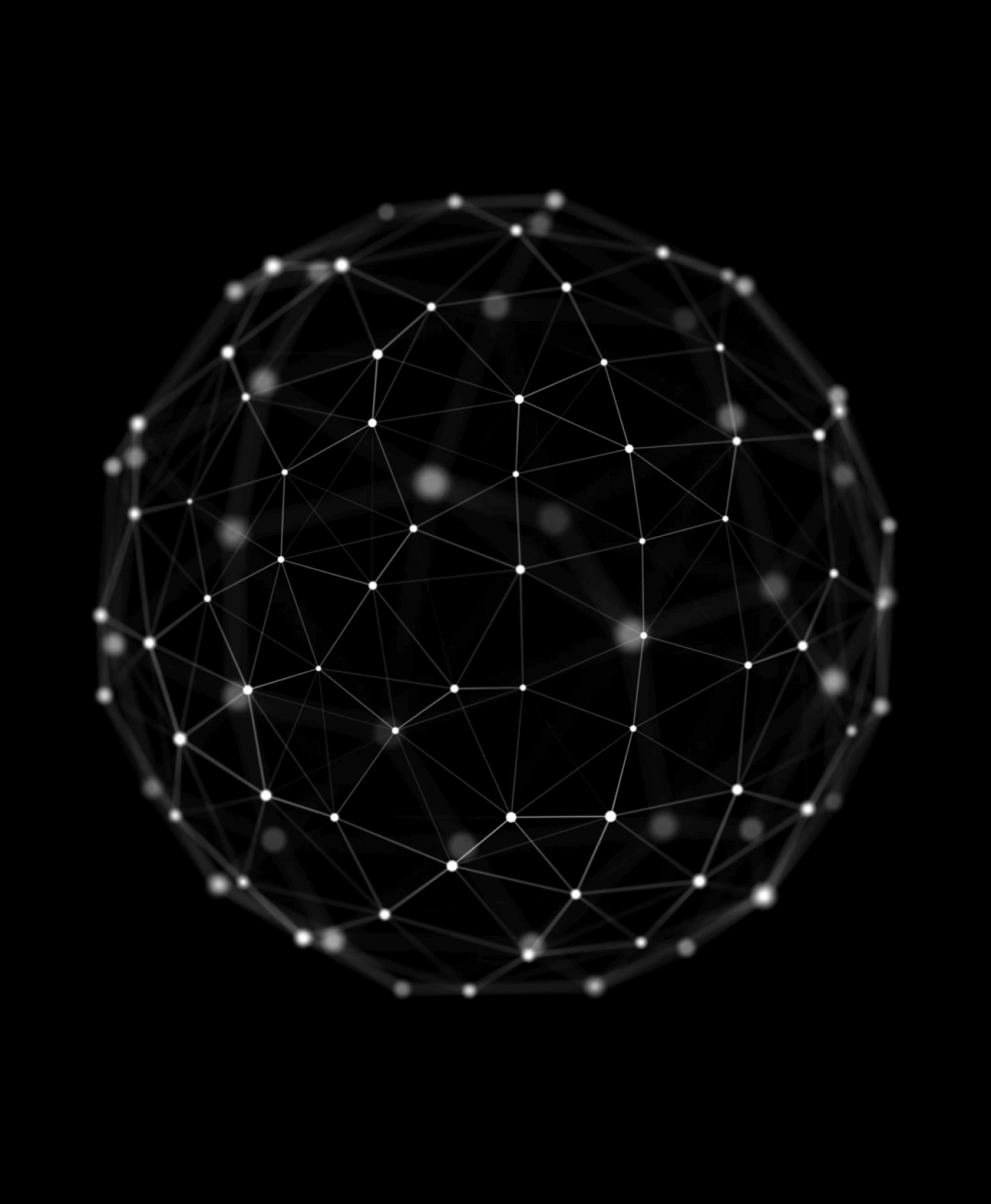 3D wireframe sphere composed of interconnected white nodes and lines on a black background.