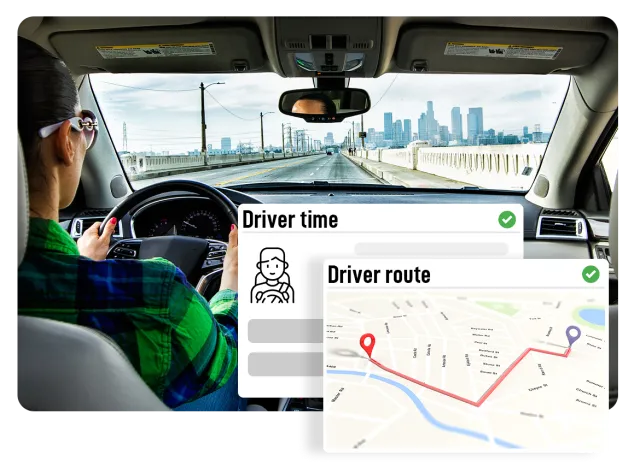 View from inside a car showing a woman driver on an empty road with city skyline ahead and overlay graphics of driver time and route map.