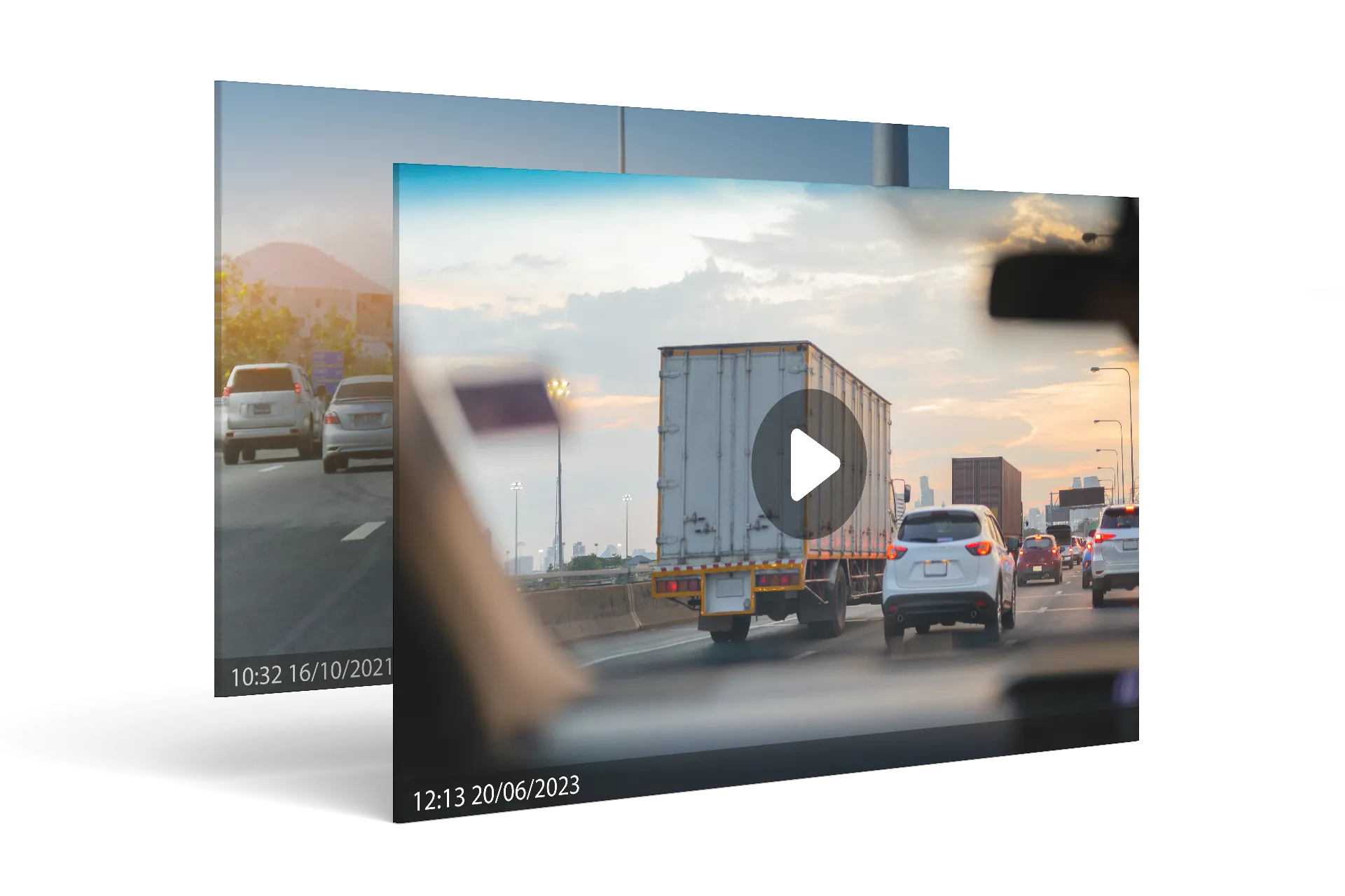 View from inside a car driving on a busy highway with trucks and cars during sunset.