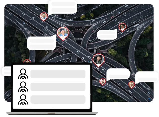 Aerial view of a complex highway interchange with digital GPS location markers showing profile pictures of people and chat bubbles, representing real-time communication and tracking.