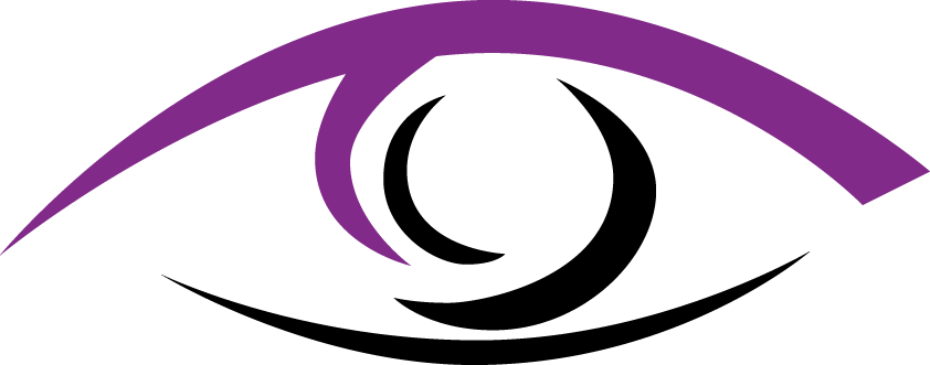 Stylized eye illustration with purple eyebrow and black iris design