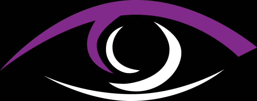 Stylized eye icon with purple eyelid and white crescent moon iris on black background
