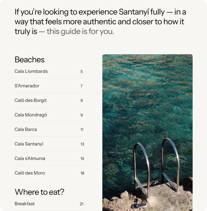 Guide page listing Santanyí beaches beside a cove-ladder photo
