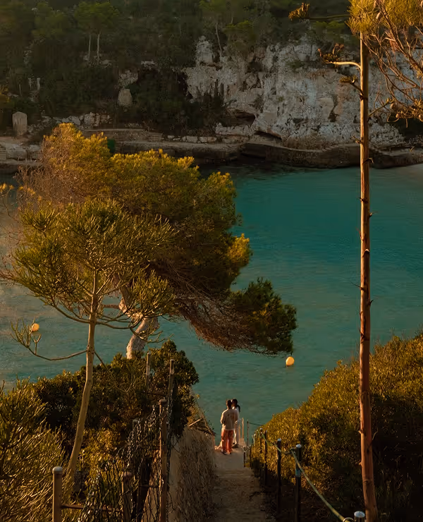 "Santanyí" guide cover framed by a pine tree over a golden cove
