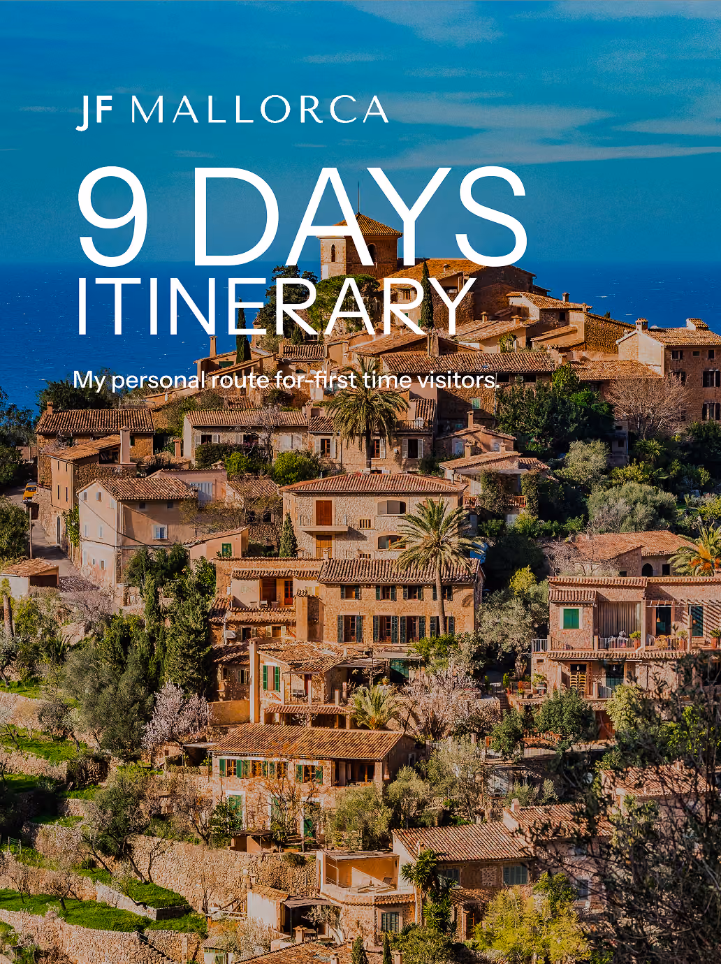 "9 Days Itinerary" guide cover above a sunlit Tramuntana village