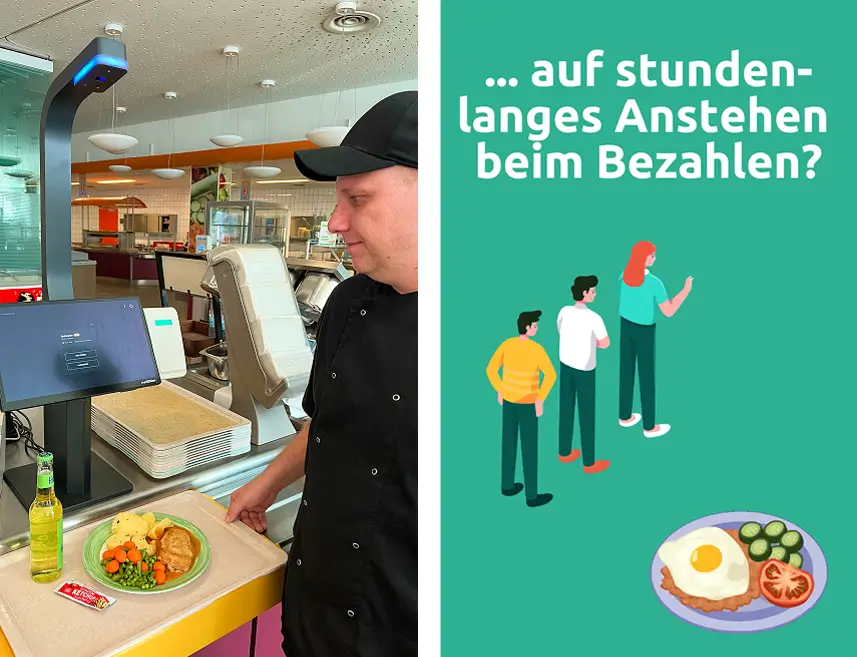 Ein Mann steht an einer automatischen Kasse mit Tablett und Teller mit Essen, daneben Illustration von drei Personen in einer Warteschlange und Text '... auf stundenlanges Anstehen beim Bezahlen?'.