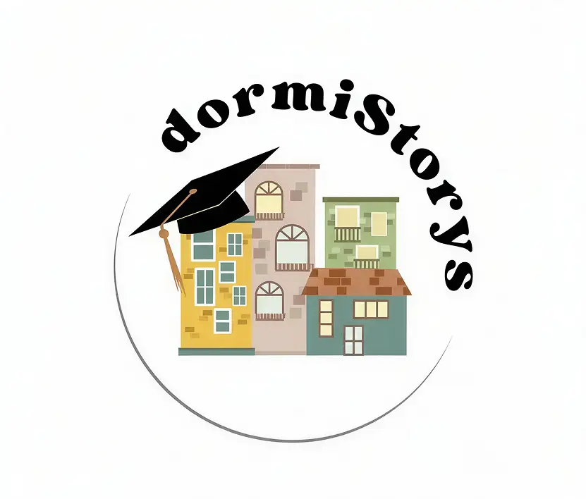 Das Logo zeigt den Schriftzug 'dormiStorys' mit einer bunt  illustrierten Häuserreihe.