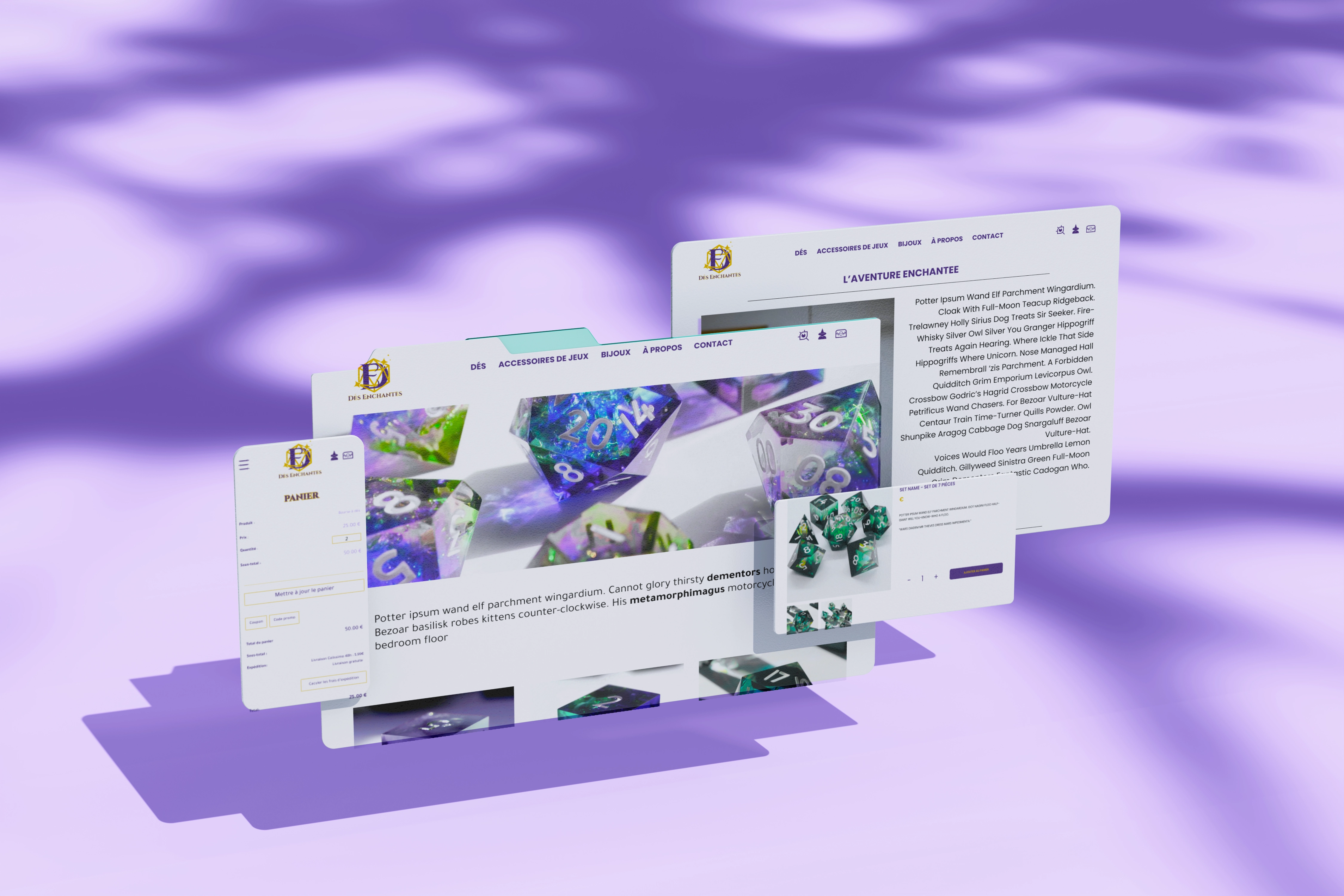 Interface de site e-commerce montrant des dés polyédriques colorés et des sections de panier d'achat et description produit sur fond violet.