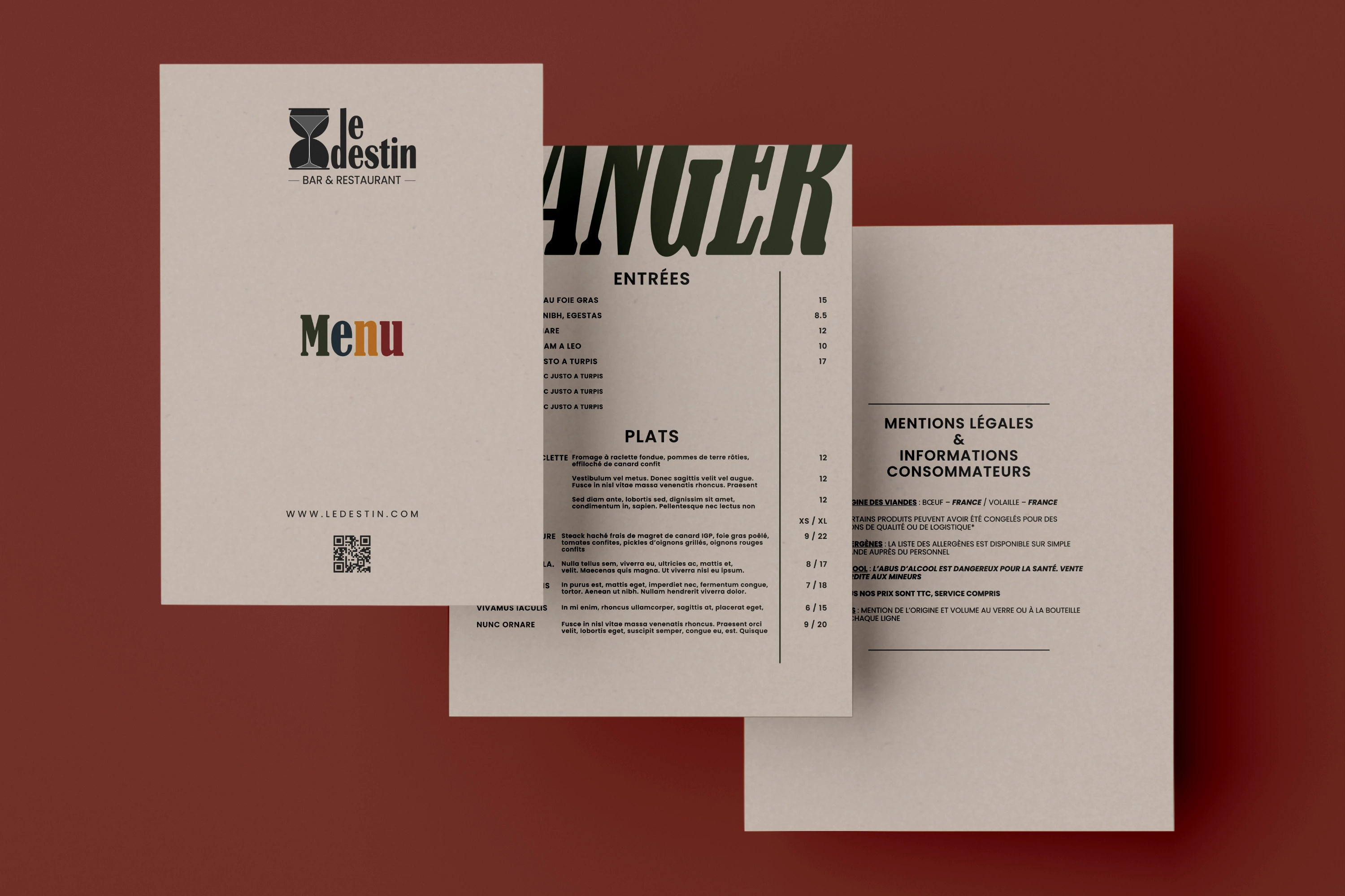 Menu du restaurant Le Destin avec page de couverture colorée, liste des entrées et plats, et mentions légales sur fond rouge.