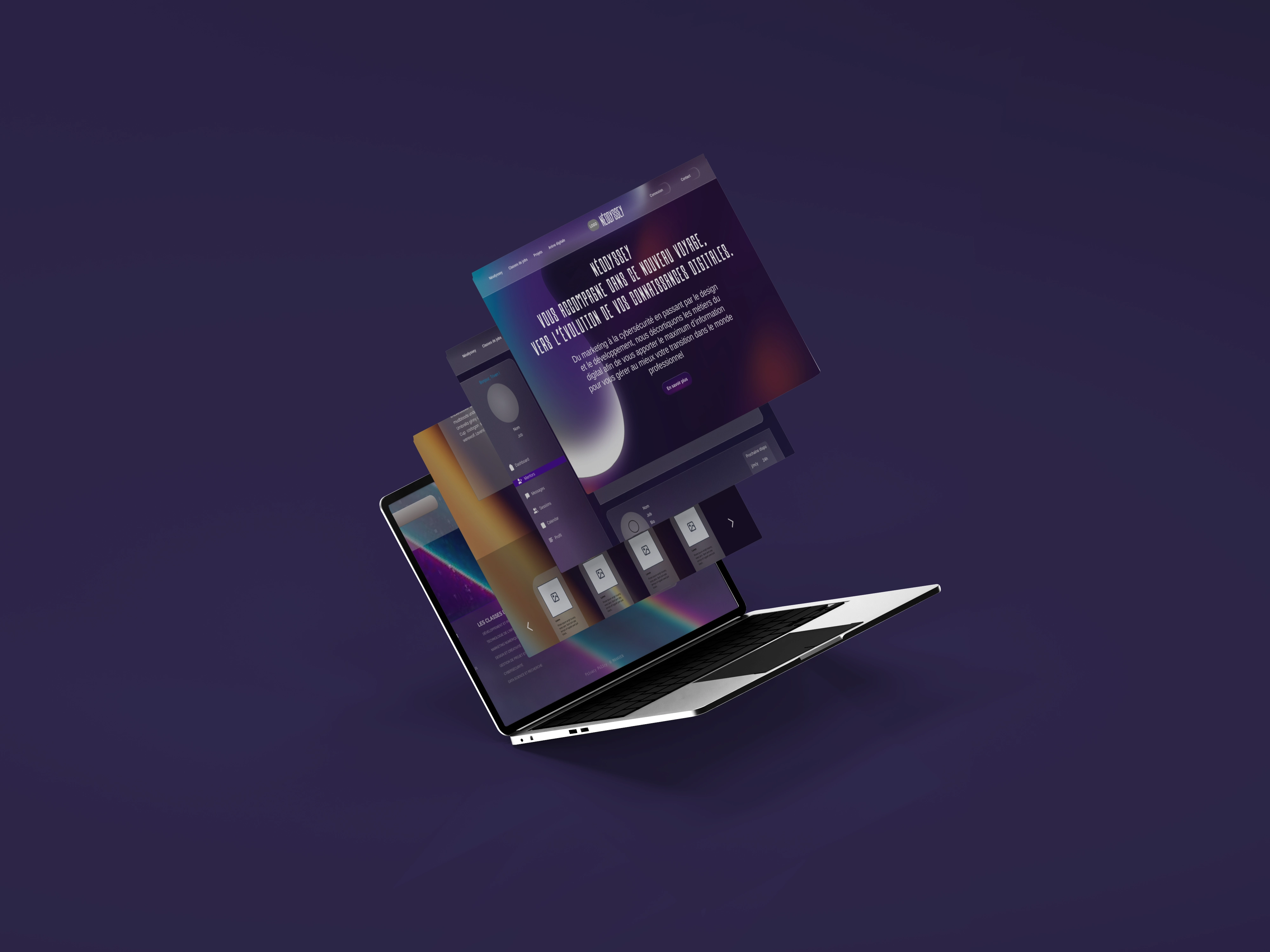 Ordinateur portable argenté affichant des interfaces d'application virtuelles en superposition sur un fond violet foncé.