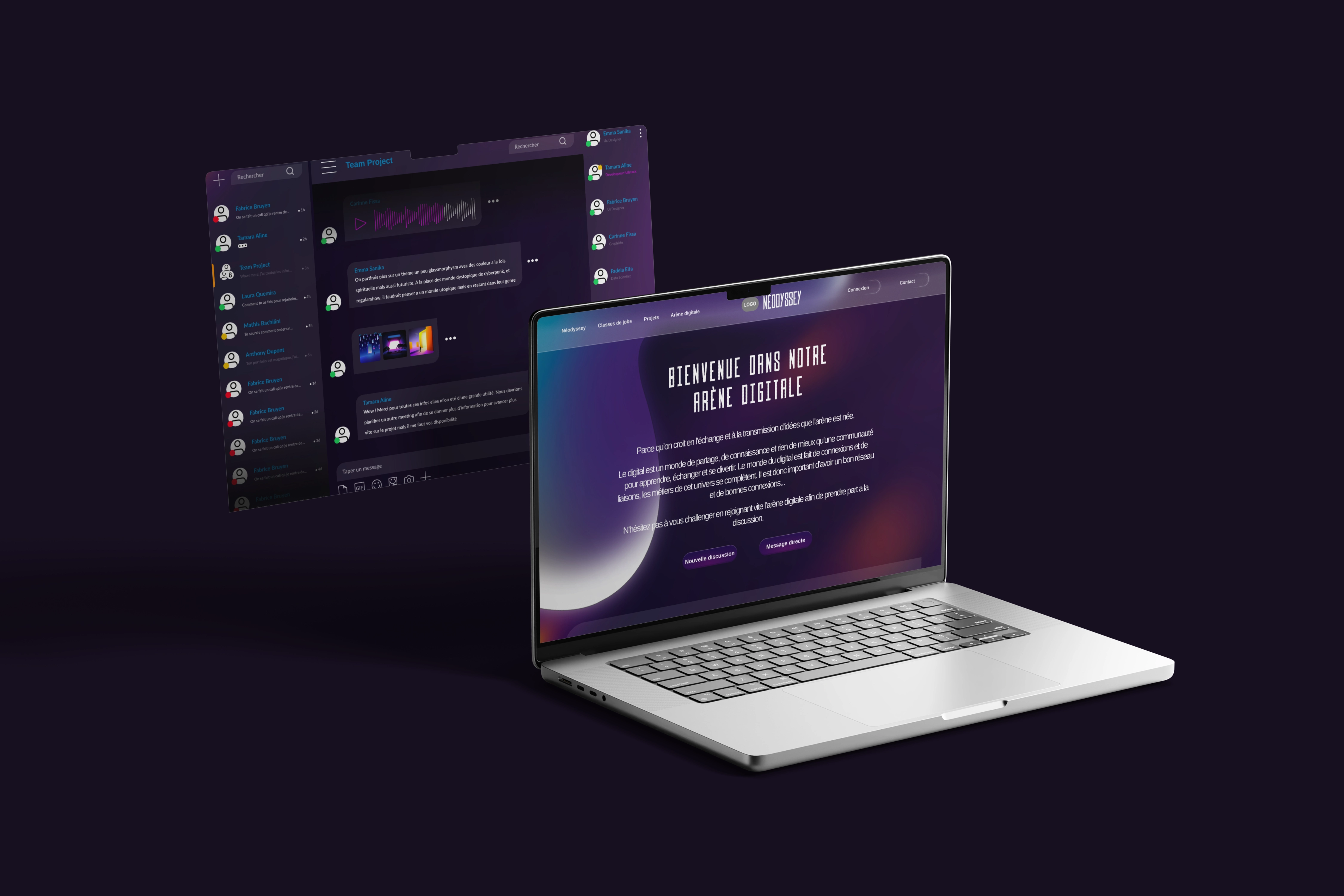 Ordinateur portable affichant un site web avec le titre Bienvenue dans notre arène digitale, accompagné d'un écran flottant montrant une interface de messagerie d'équipe en mode sombre.