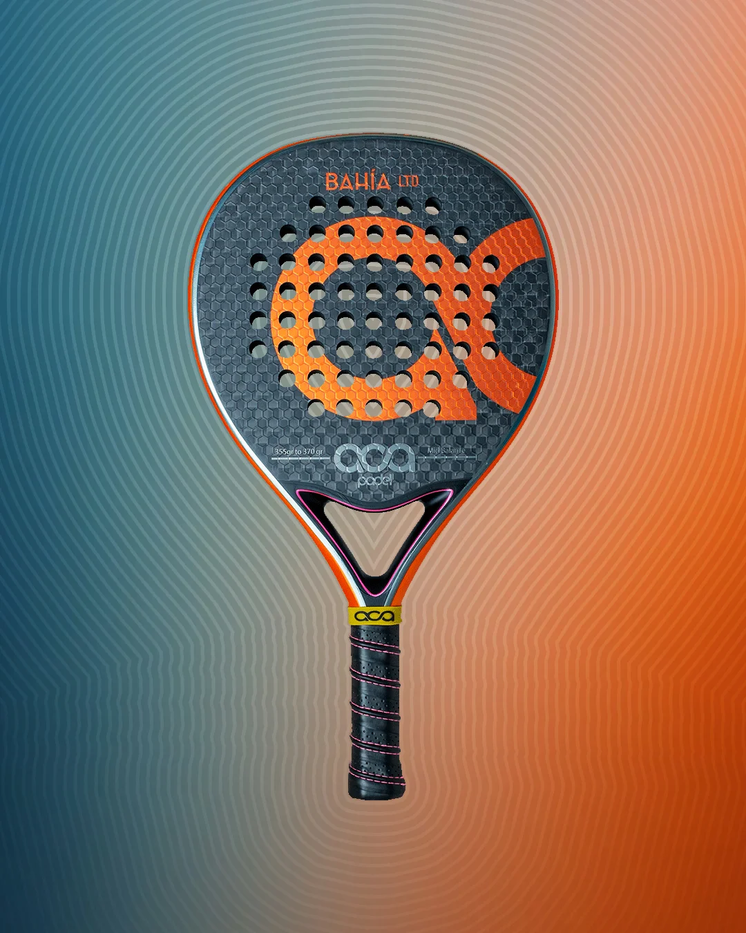 Black and orange padel racket with a honeycomb texture and circular holes on a blue and orange gradient background.