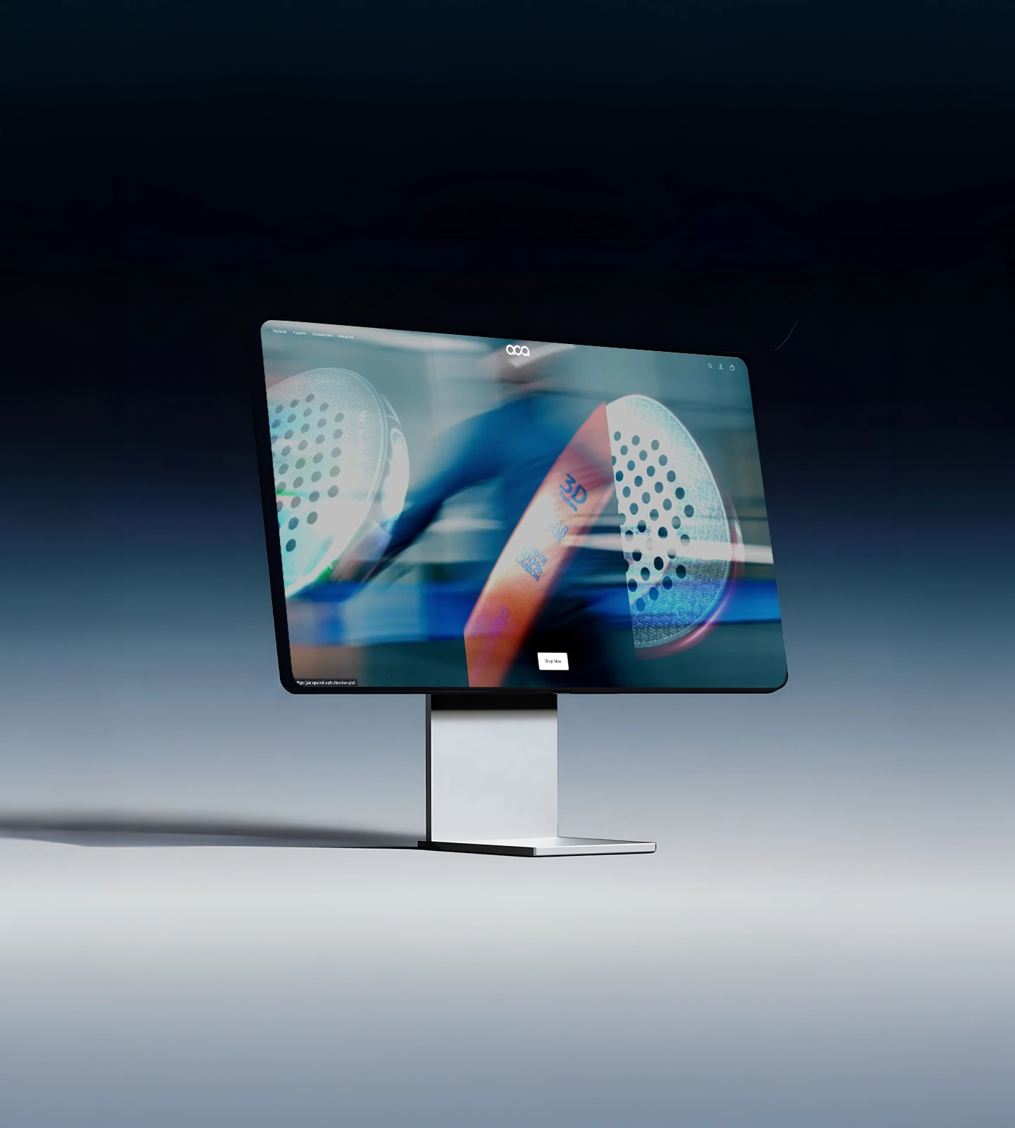 Modern computer monitor displaying a blurred image of a paddle tennis racket and a person in motion.