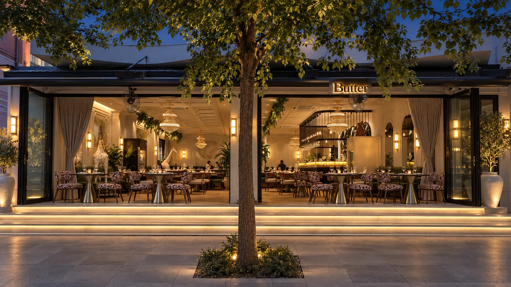 Butter-branded restaurant exterior at dusk
