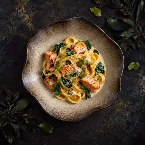 Tagliatelle Salmon at Butter Tirana restaurant
