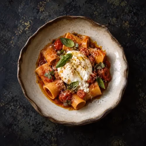 Paccheri Burrata at Butter Tirana restaurant