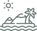 Icon of a small island with a palm tree, waves, and a sun overhead.