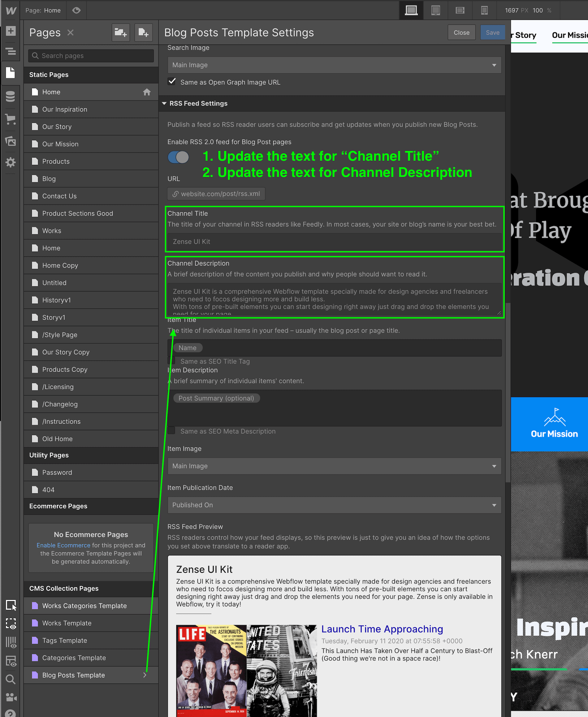 Webflow CMS interface showing Blog Posts Template Settings with highlighted sections for updating Channel Title and Description in RSS Feed Settings.