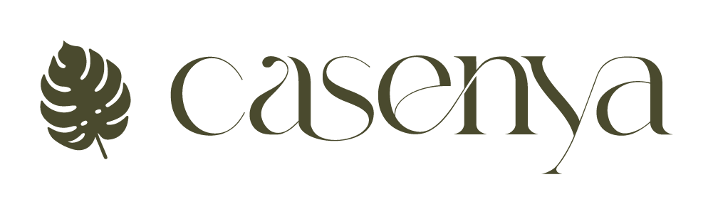 Logo with a stylized leaf icon followed by the word 'casenya' in elegant lowercase font.