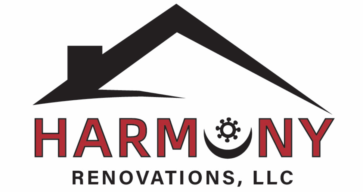 Harmony Renovations, LLC logo featuring a black stylized roof above the company name with a virus-like symbol inside the letter U.