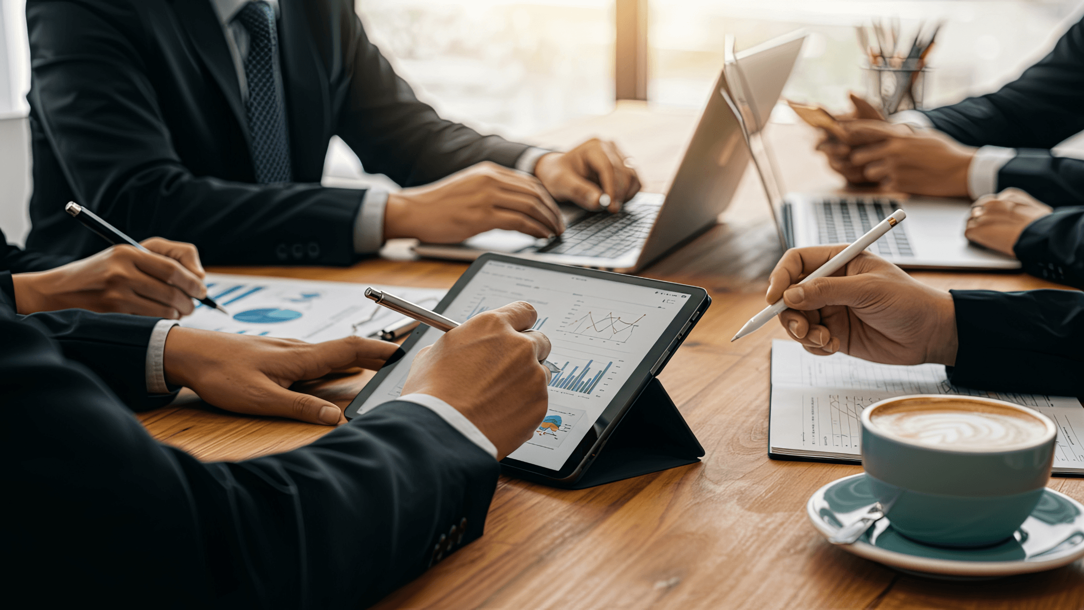 Équipe d'entreprise examinant des graphiques financiers sur un ordinateur portable et une tablette lors d'une réunion