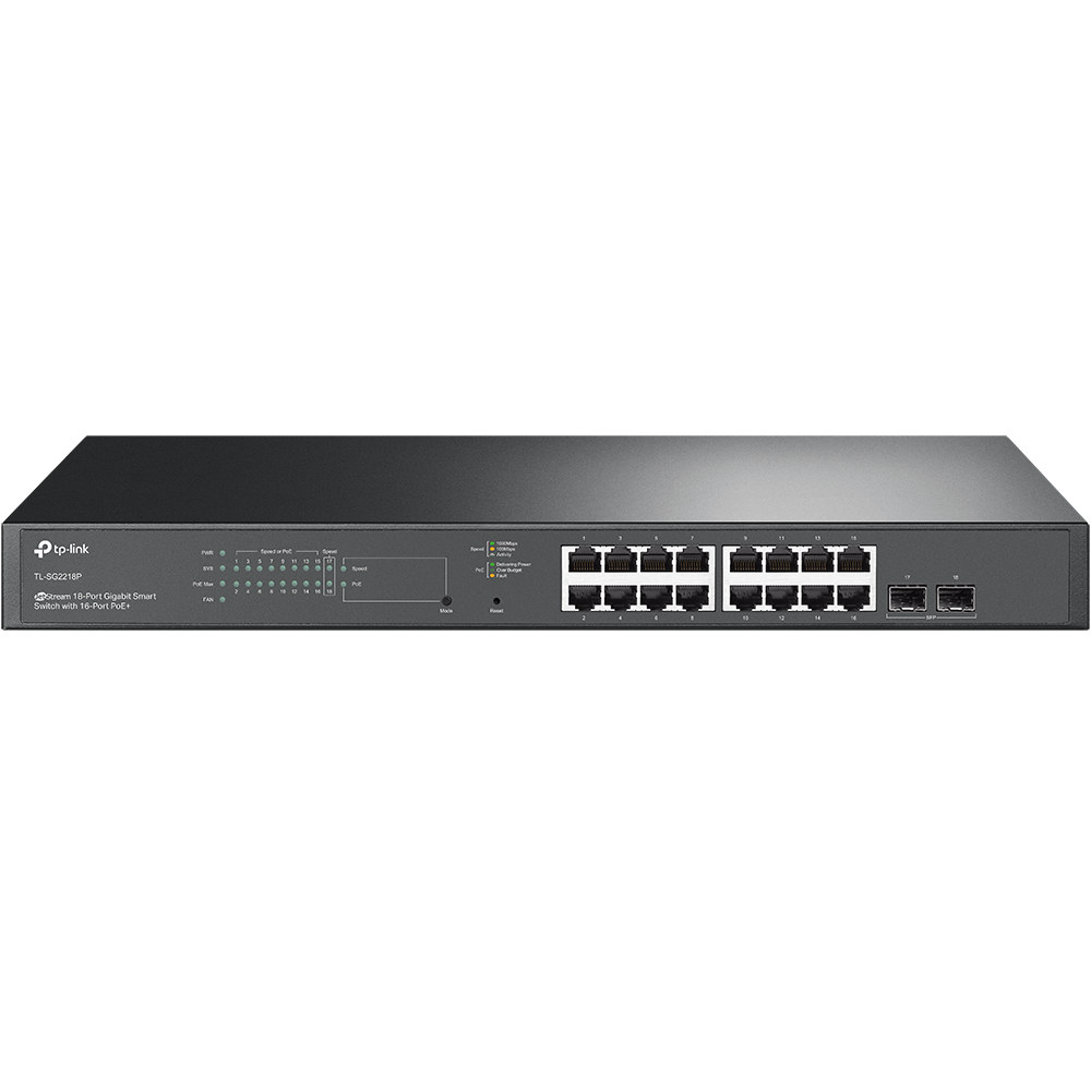 TP-Link TL-SG2218P — 18‑poort Gigabit switch met 16 PoE+ (150 W)