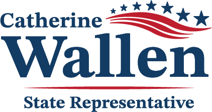 Logo for Catherine Wallen, State Representative, with stylized red waves and blue stars above the name.