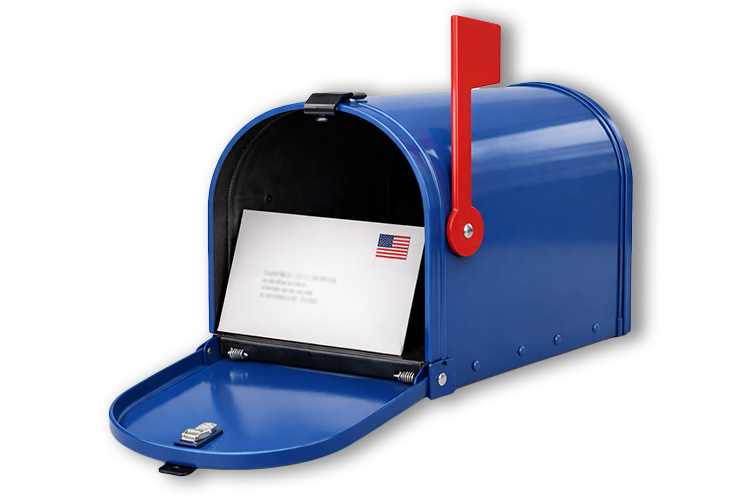 Open blue mailbox with a red flag raised and a white envelope inside featuring a U.S. flag stamp.