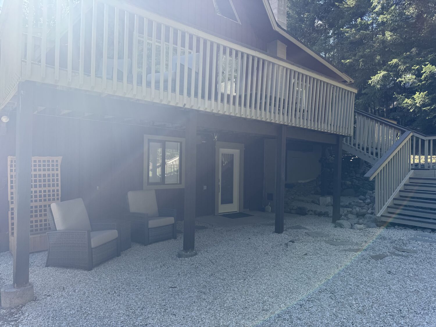 Eagle Chalet at The Healing Oasis, with the deck above and the two walk out rooms at ground level below