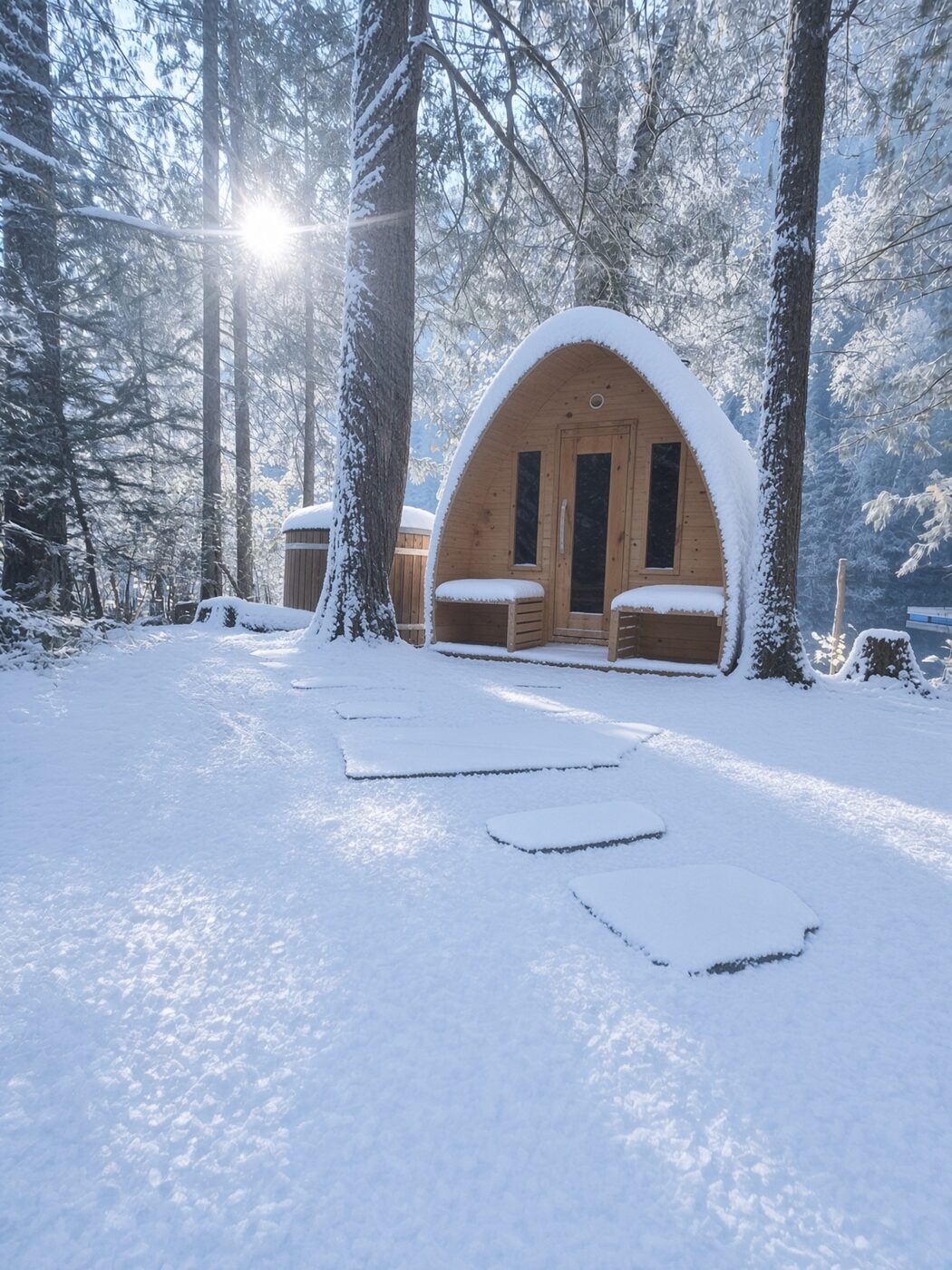 The wood fired sauna and hot tub in fresh snow at The Healing Oasis in Lumby, BC