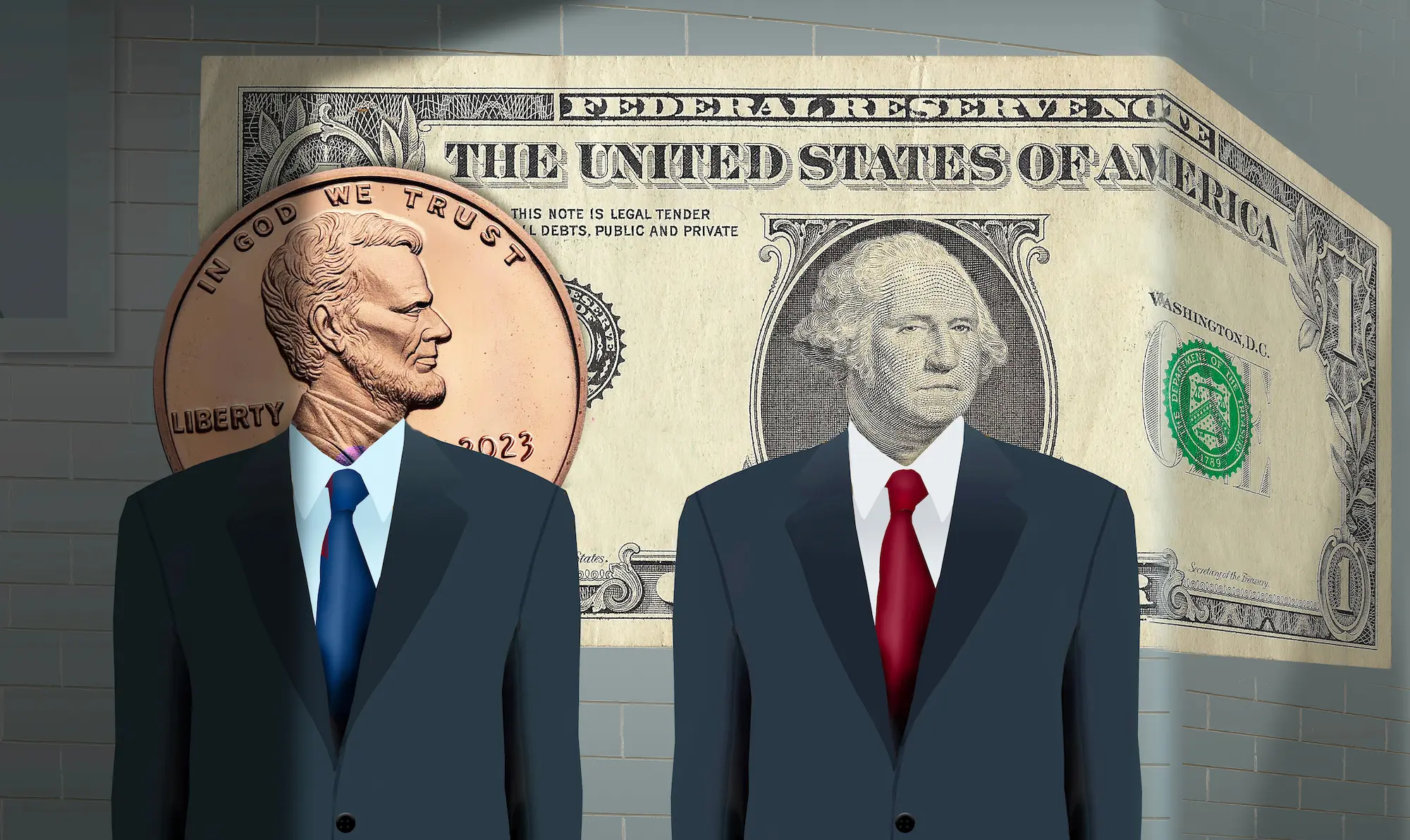 A penny with Abraham Lincoln's head on it is wearing a suit, looking at a dollar with George Washington's head on it, also wearing a suit 