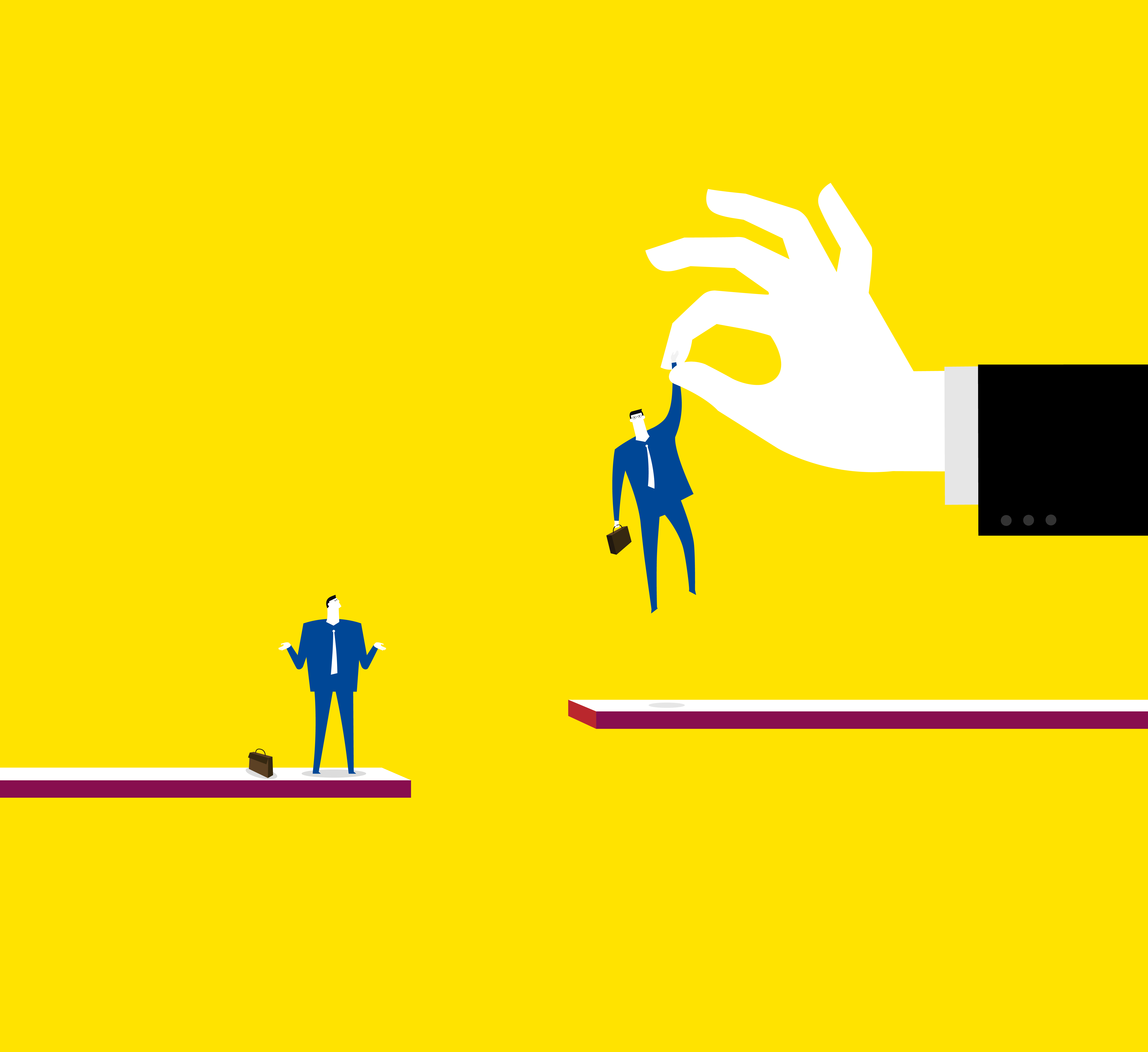 Two men in suits stand on different levels. The man on the higher level is being held even higher by a large hand. The man on the lower level is shrugging in disbelief.